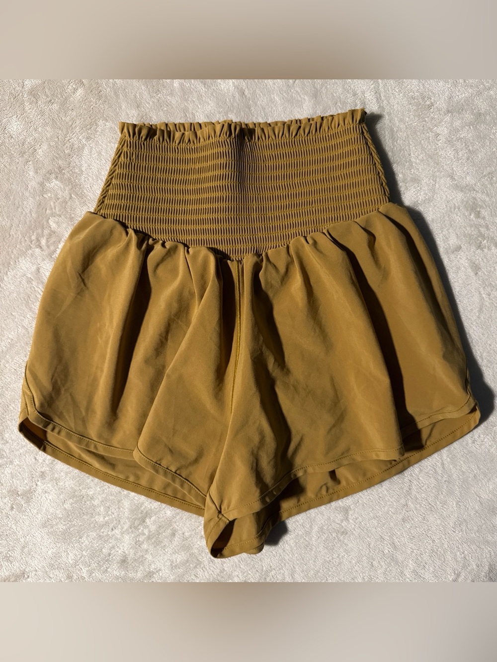 aerie Smocked High-Waist Mustard Shorts